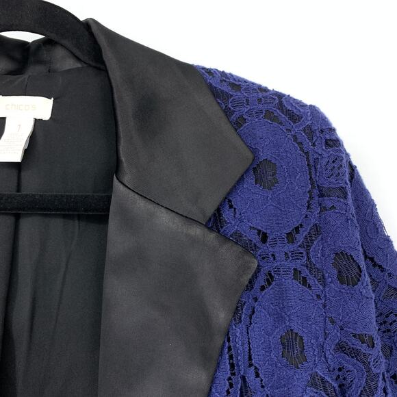 Chicos Jacket Womens Size 1 US M Blue Lace Black Satin Trim Open Front - Picture 3 of 5